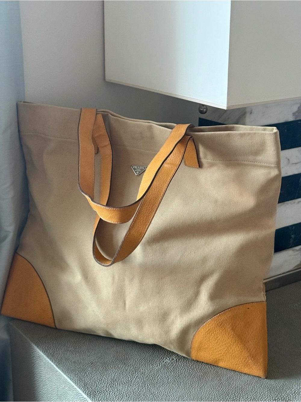 Prada Tan Canapa Canvas Tote with Ochre Yellow Cinghiale Boarskin Appliqué